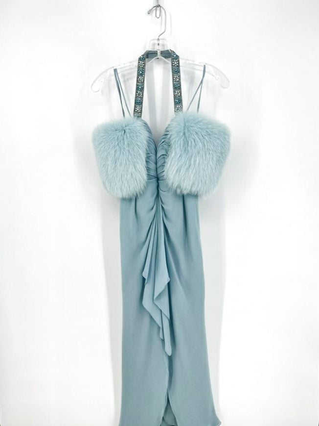 BELLVILLE SASSOON by LORCAN MULLANY Size 10 Ice Blue Fox Fur Silk Evening Gown