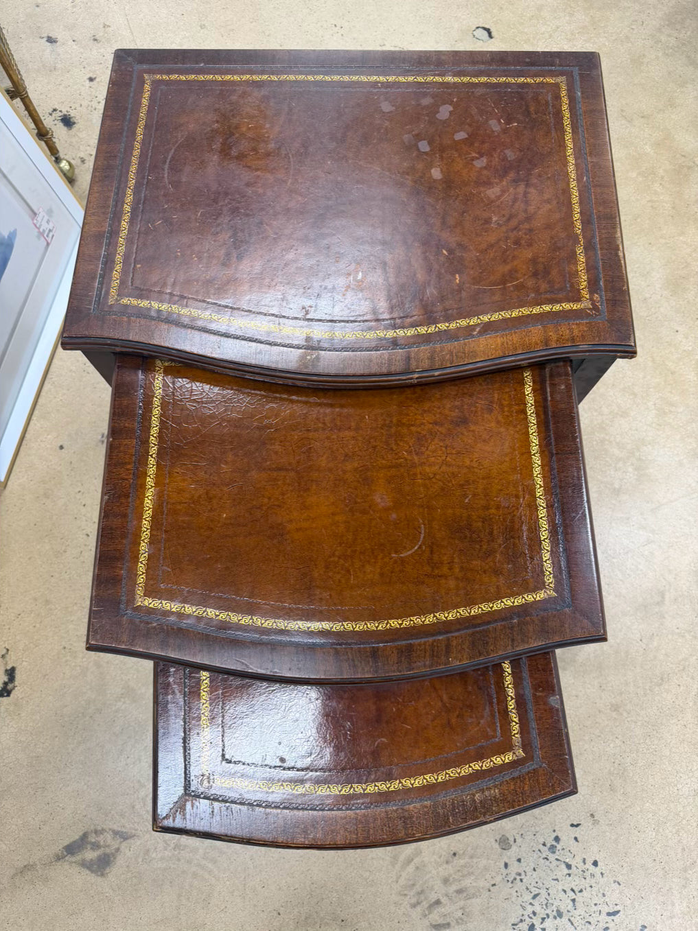 Dark Wood & Leather Nesting Tables Set of 3