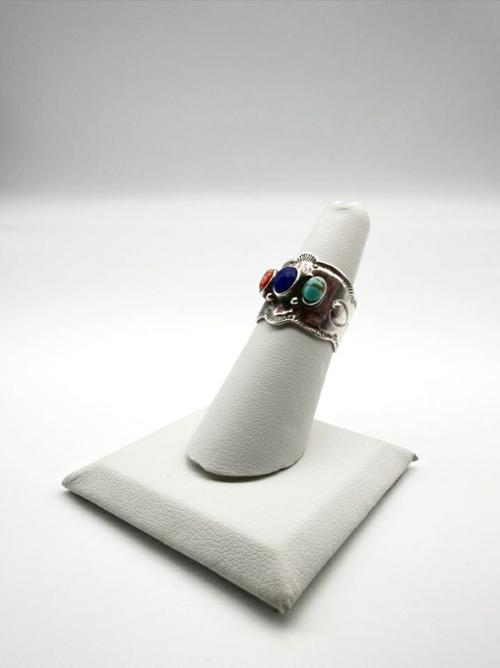 Lapis, Turquoise, Coral 925 Stampwork Ring