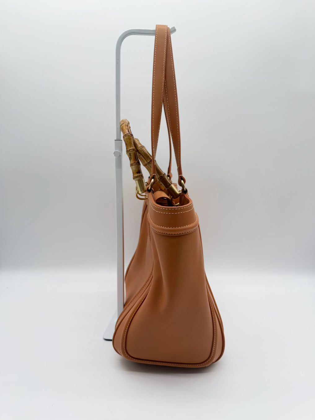 J MCLAUGHLIN Cognac Leather Purse w/ Bamboo Handle