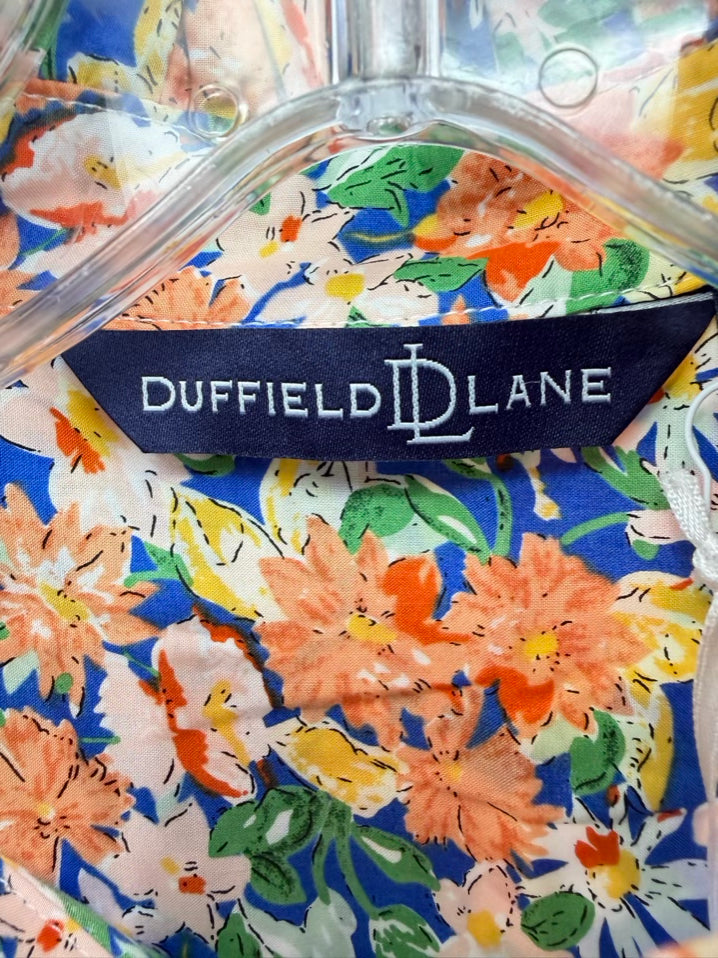 DUFFIELD LANE Size L Blue & Orange Ruffle Detail Floral Sleeveless Dress NWT