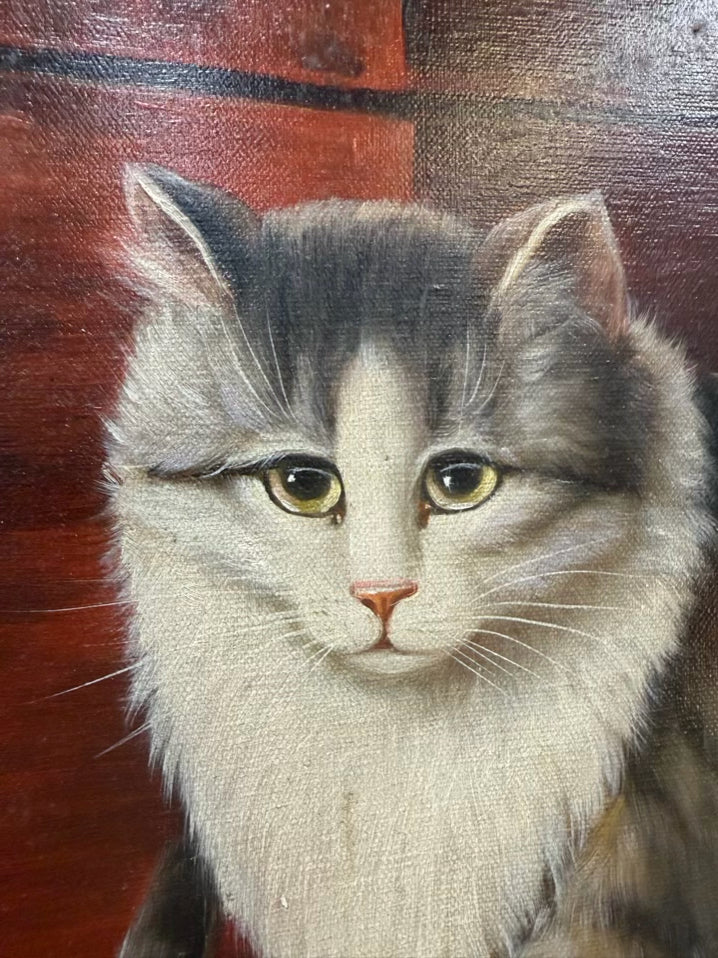 SIGNED R. MONTES Cats Painting In Bronze & Gold Frame