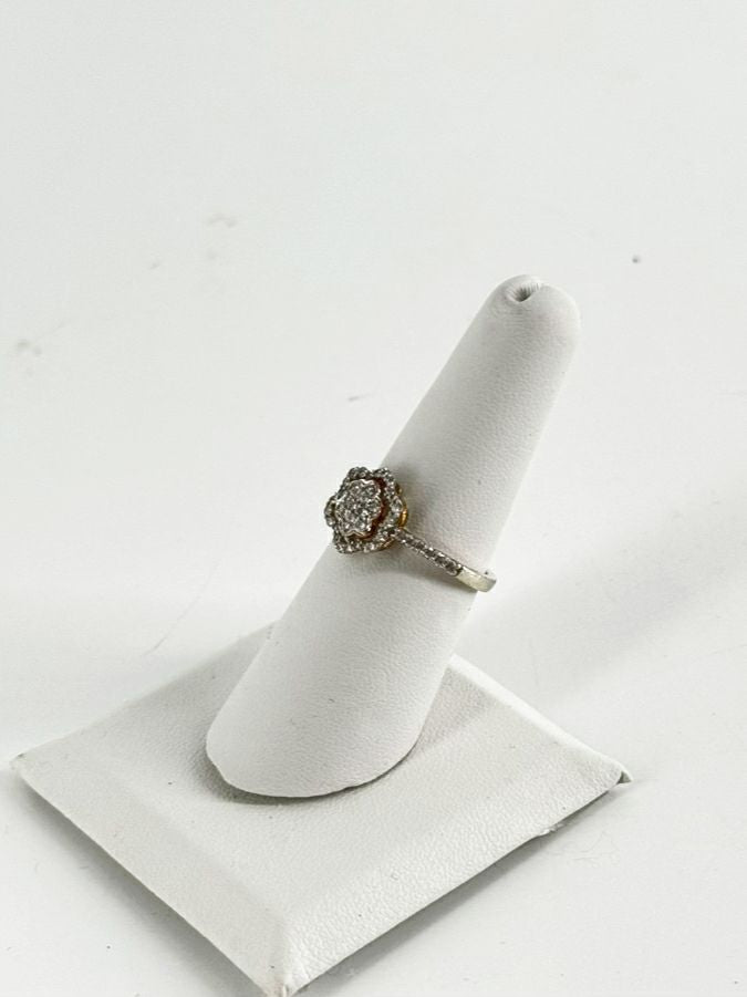 STERLING SILVER Gold Tone Clear Stone Floral Engagement Ring