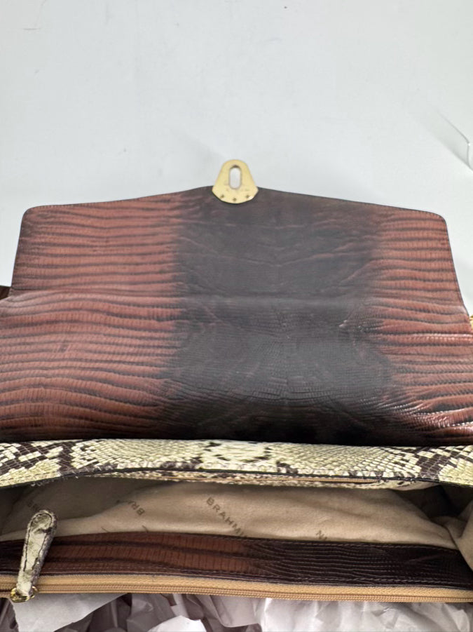 BRAHMIN Cream & Brown Leather Snake Print Purse