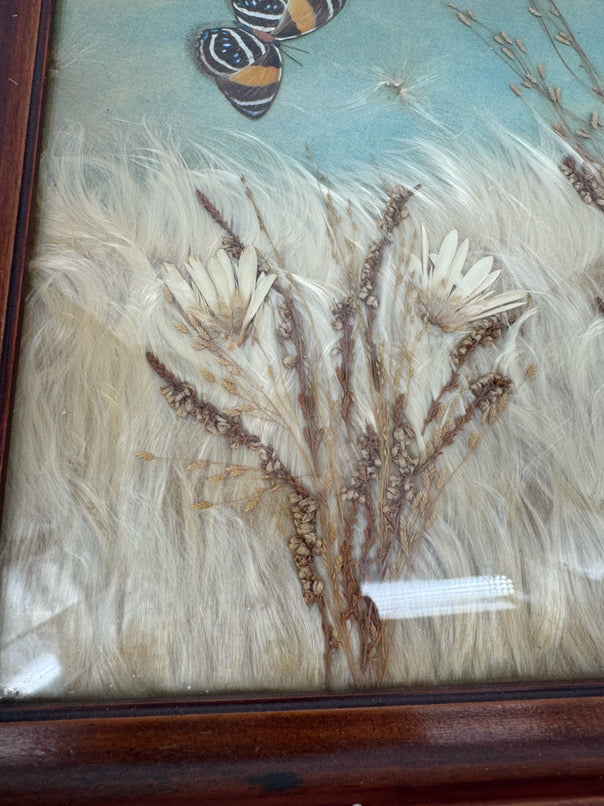 VINTAGE Glass & Wood Pressed Butterflies & Milkweed Tray