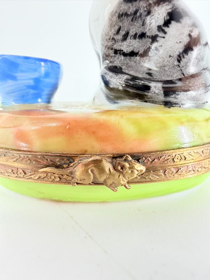 LIMOGES Black, Green & Blue Porcelain Cat Trinket Box