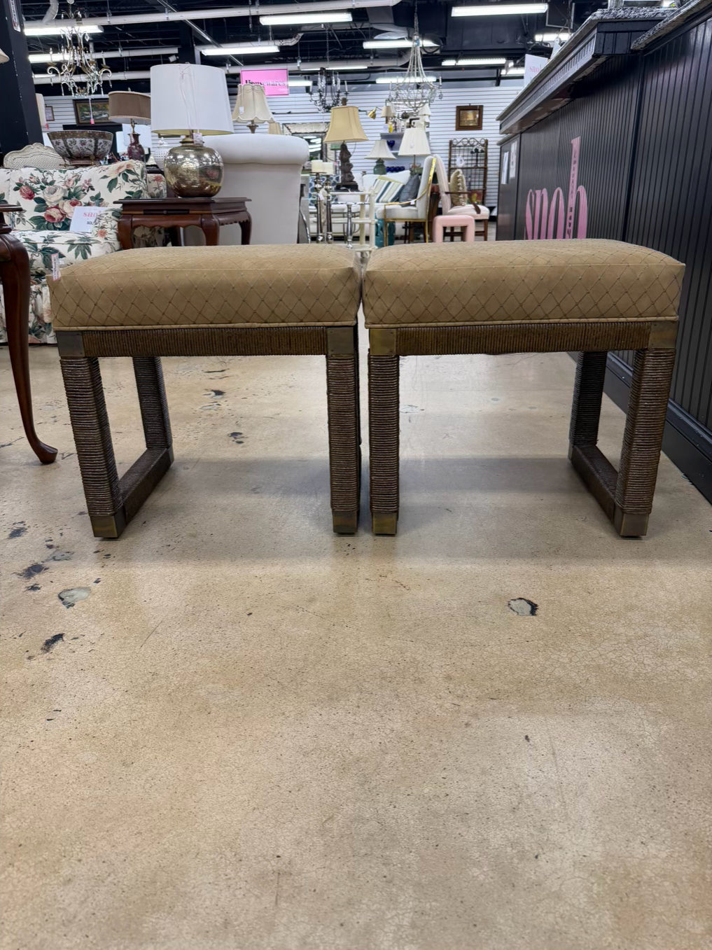 Brown Parsons Woven Pair Of Stools w/ Tan Suede Fabric