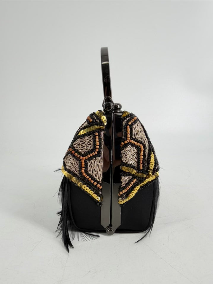 MOO ROO CHARLESTON SIGNED MARY NORTON Black Feather Beaded Art Deco Evening Bag
