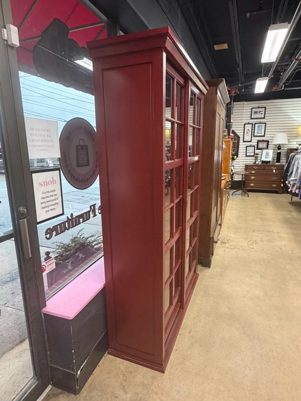 POTTERY BARN Red Wood Bookcase w/ Glass Sliding Doors