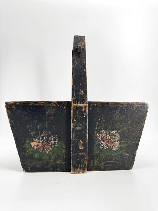 ANTIQUE Black Wood Painted Flowers Basket