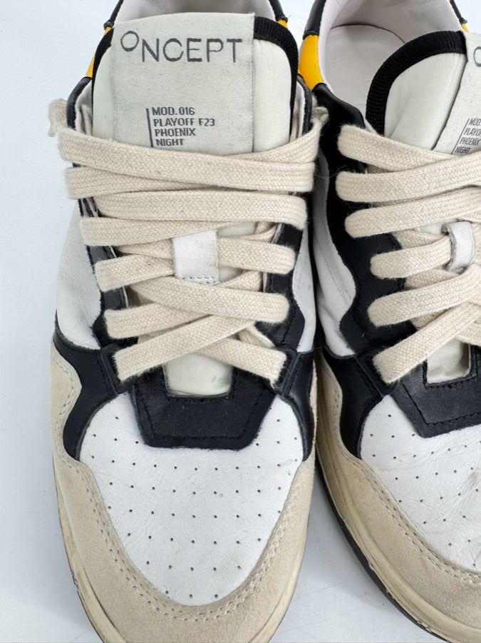 ONCEPT Size 10 White, Black & Yellow Leather Sneakers