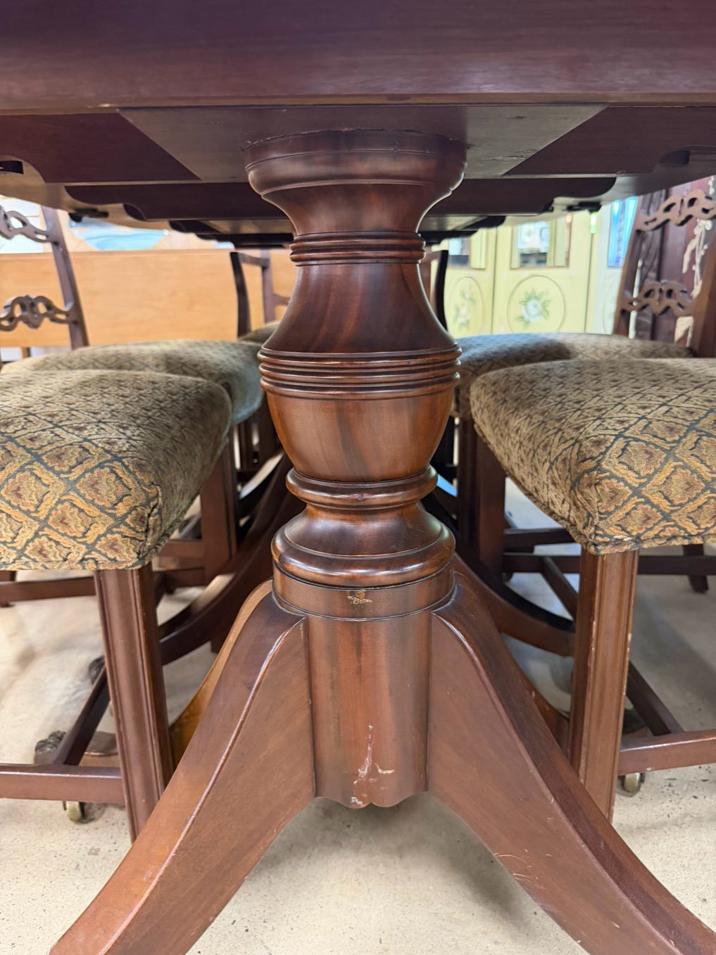 VINTAGE Wood Dining Set Of Table & 6 Ribbon Back Chairs w/ Leaves