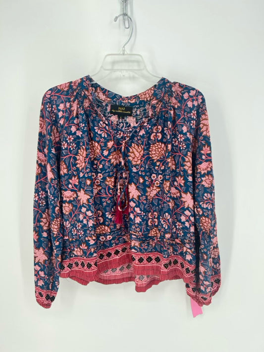NAT by NATALIE MARTIN Size L Blue & Rust Print Floral Blouse