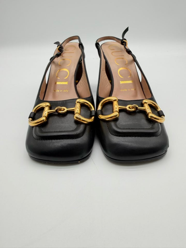 GUCCI WMNS Size 36.5 Black Leather Horsebit Accent Slingback Block Heel
