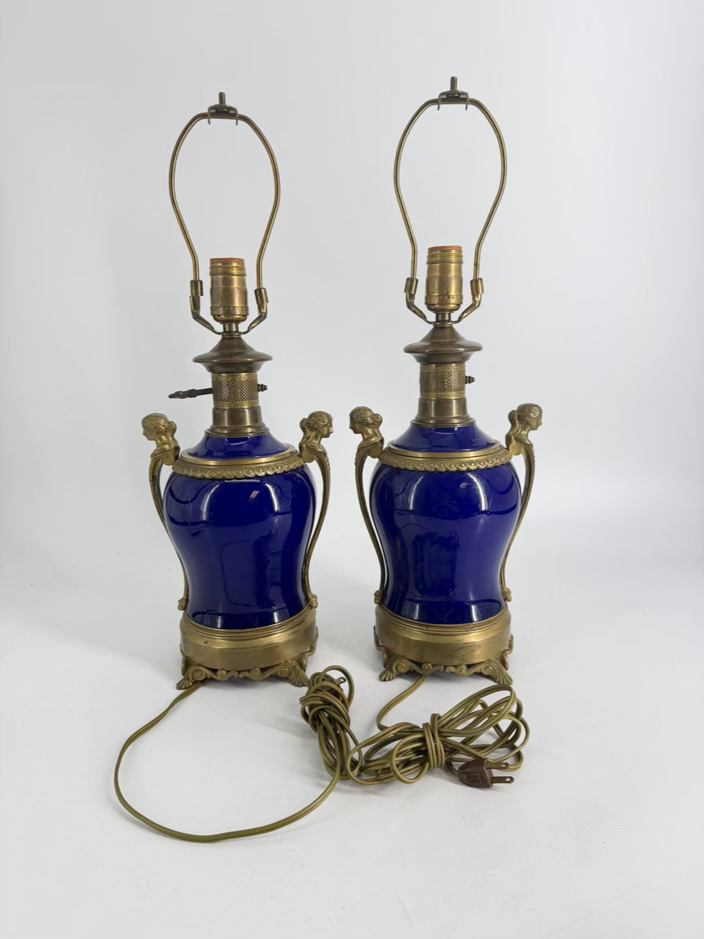 Neo Classical Cobalt Porcelain & Brass Pair Of Lamps