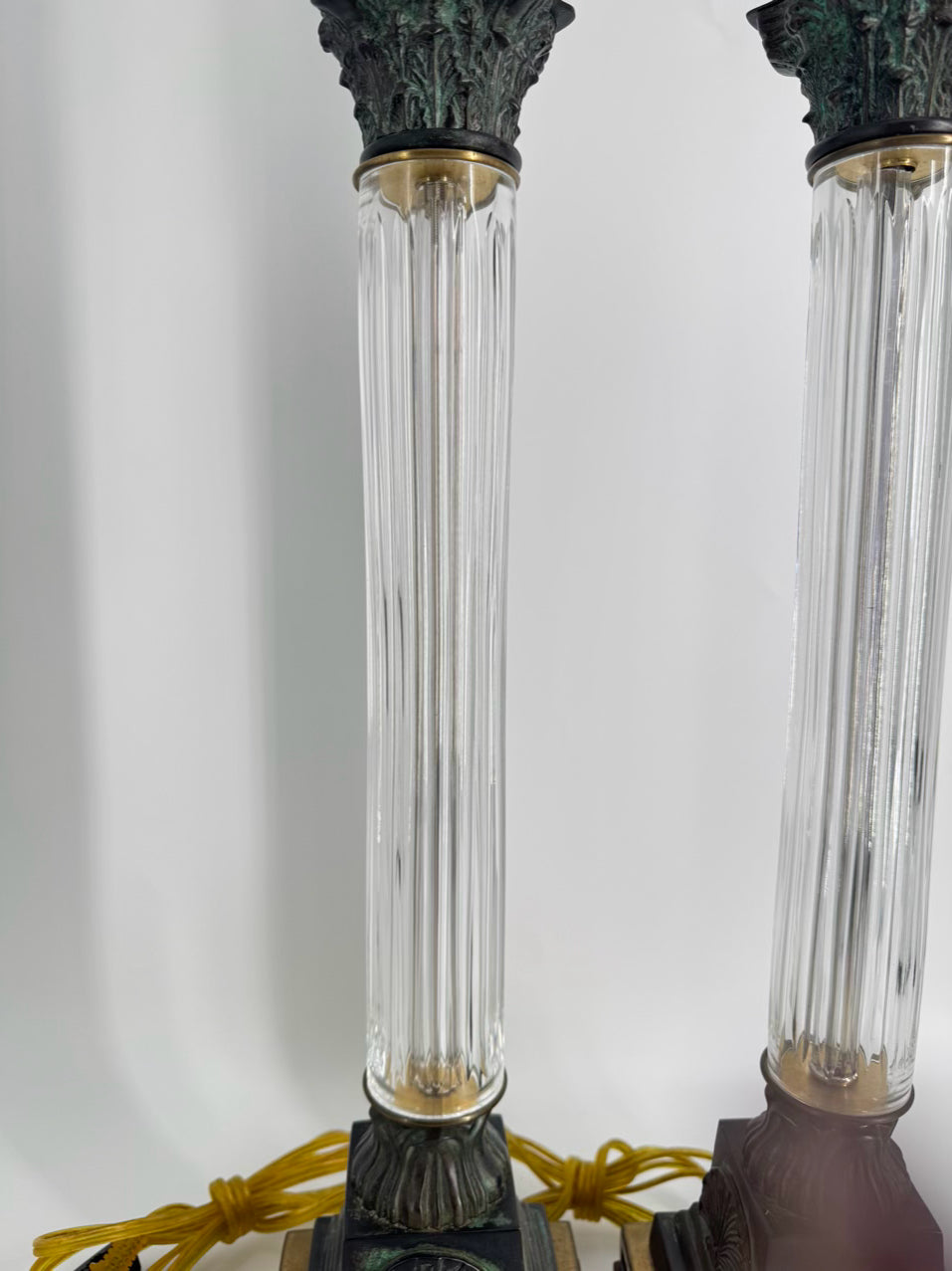 WILDWOOD Brass, Glass & Wood Column Pair of Lamps
