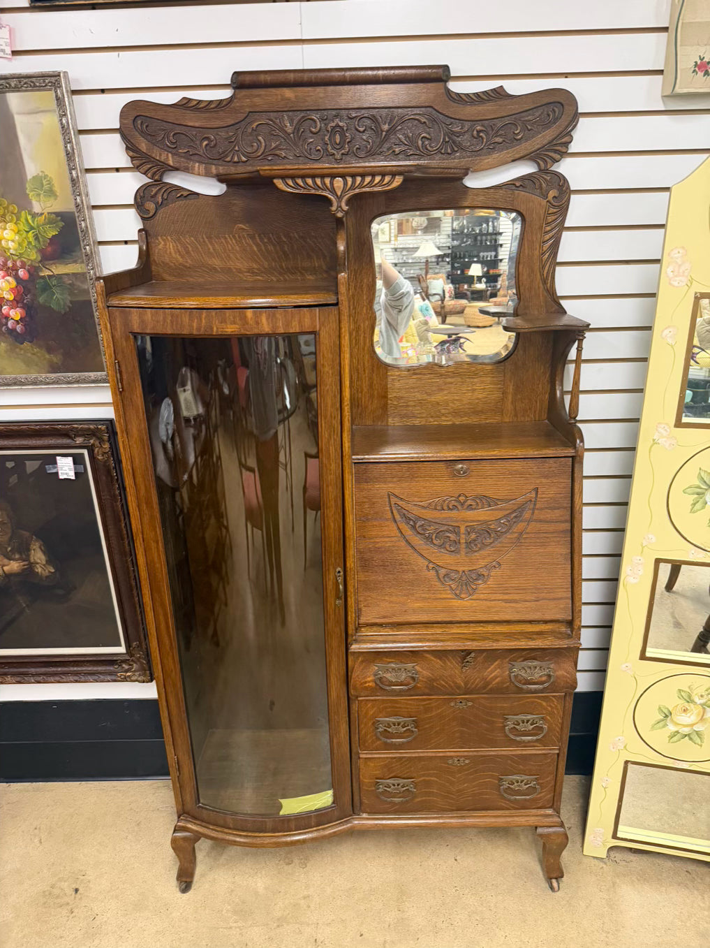 ANTIQUE Medium Oak Rounded Side by Side Secretary No Shelves