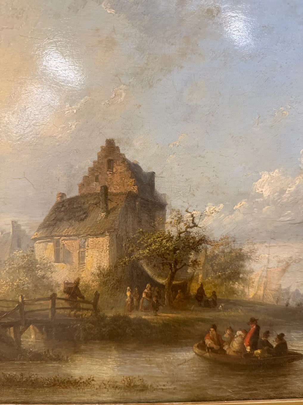 Old River Landscape Painting in Gold Wood Frame