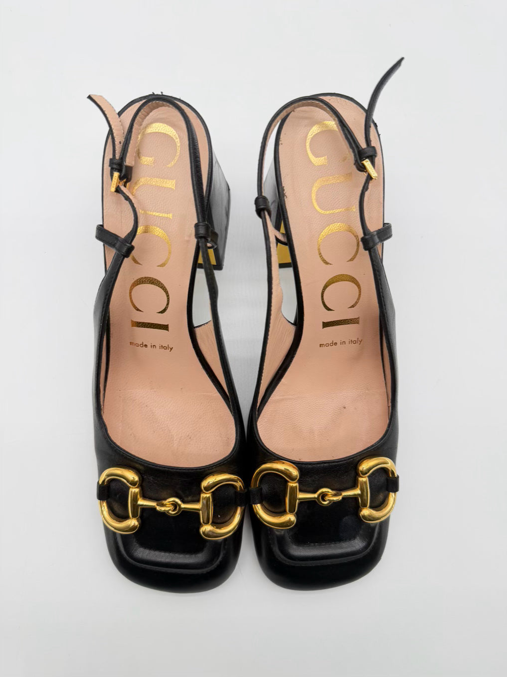 GUCCI WMNS Size 36.5 Black Leather Horsebit Accent Slingback Block Heel