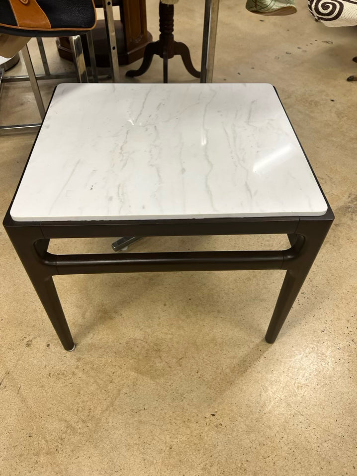 Brown & White Wood & Stone End Table