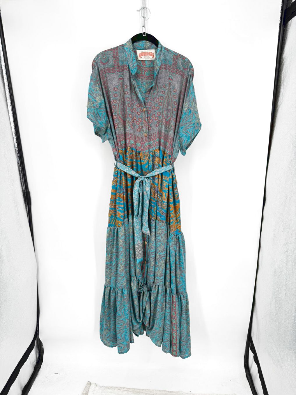 KANTHA BAE Size Wmn's Free Size Turquoise Belted Print Maxi-Dress
