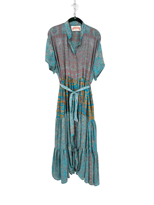 KANTHA BAE Size Free Size Turquoise Belted Print Maxi-Dress
