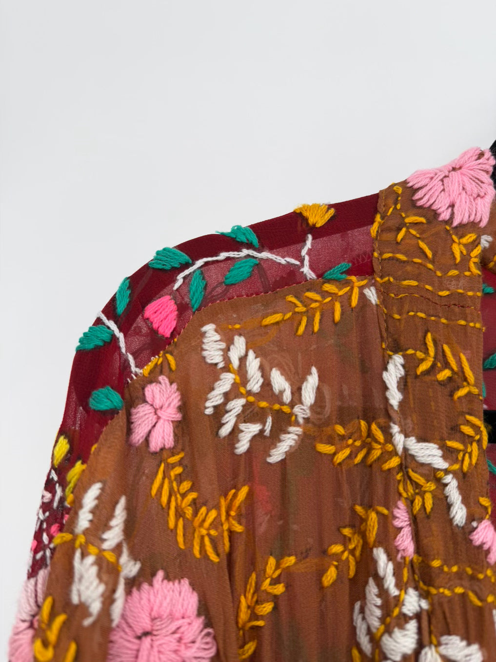 KANTHA BAE Size Wmn's Free Size Brown&Burgundy Embroidered Floral Duster