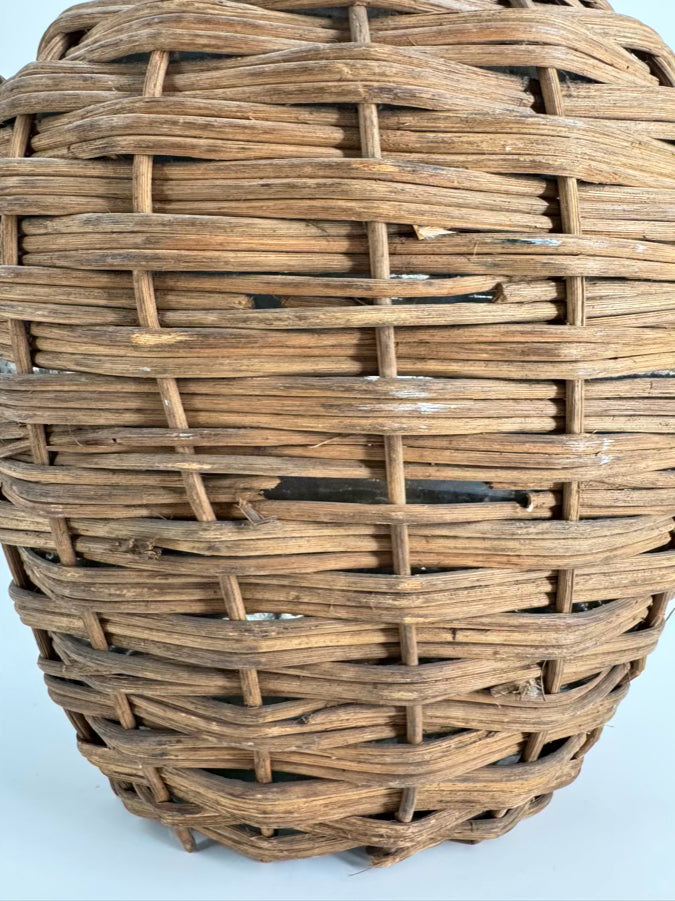 VINTAGE Brown & Green Wicker & Glass Wine Bottle Woven Carrier