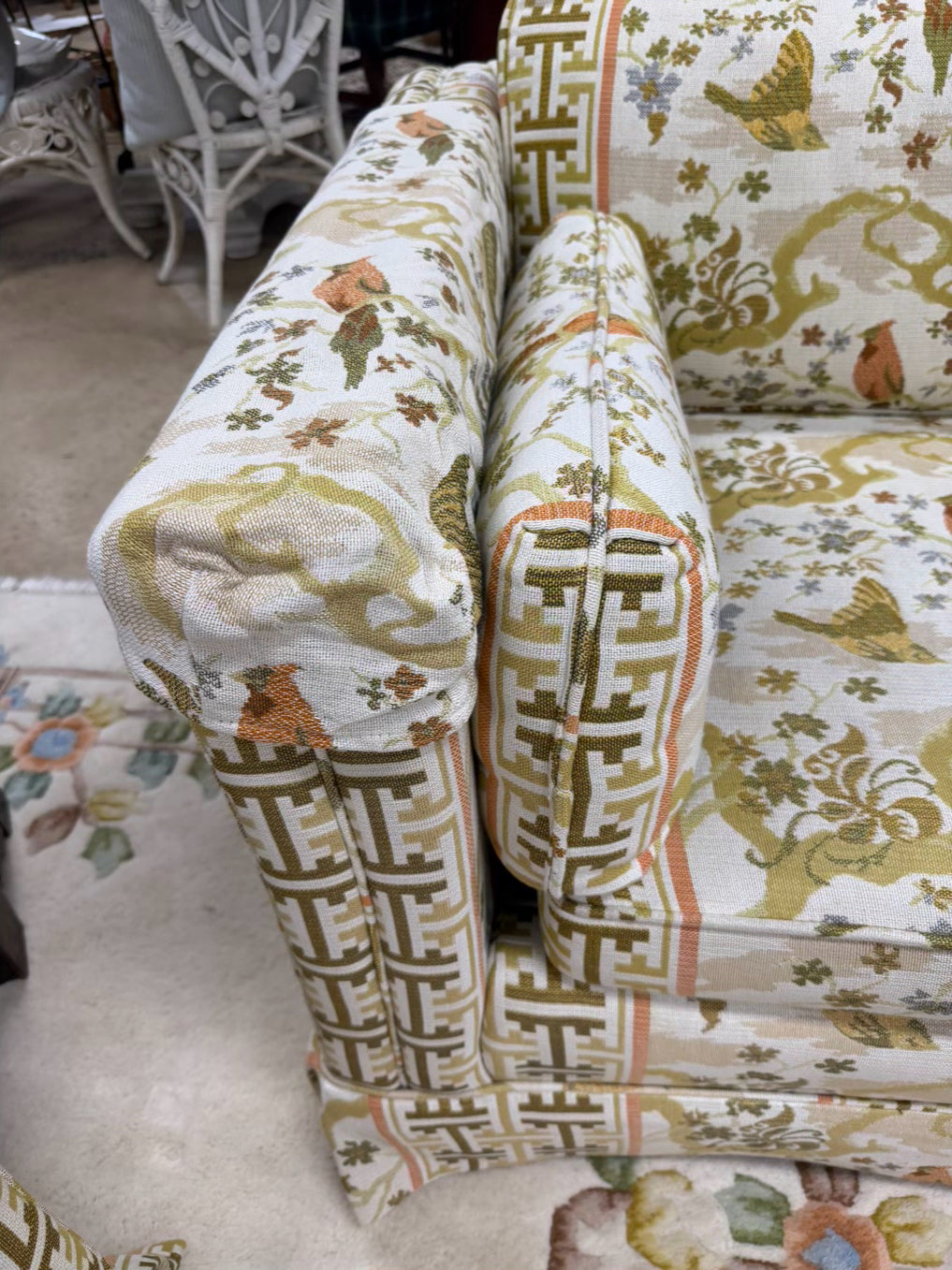 VINTAGE Cream, Gold, Green & Rust Birds Love Seat w/ 2 Cushions