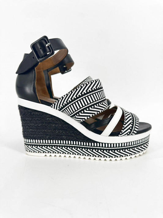 HERMES Size 38.5 Black & White Leather Roma Espadrille Wedge