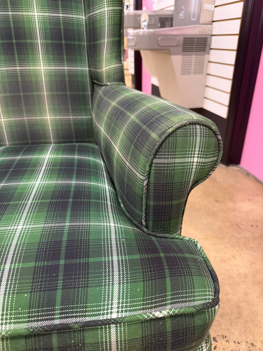 Green & White Plaid Tartan Pair Of Wing Back Chairs
