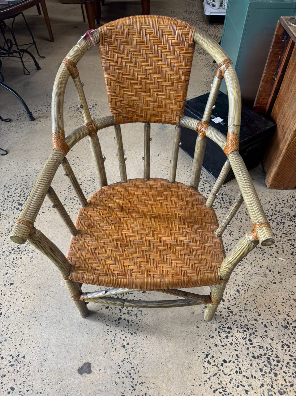 VINTAGE PALECEK Cream Bamboo Look Woven Adirondack Arm Chair