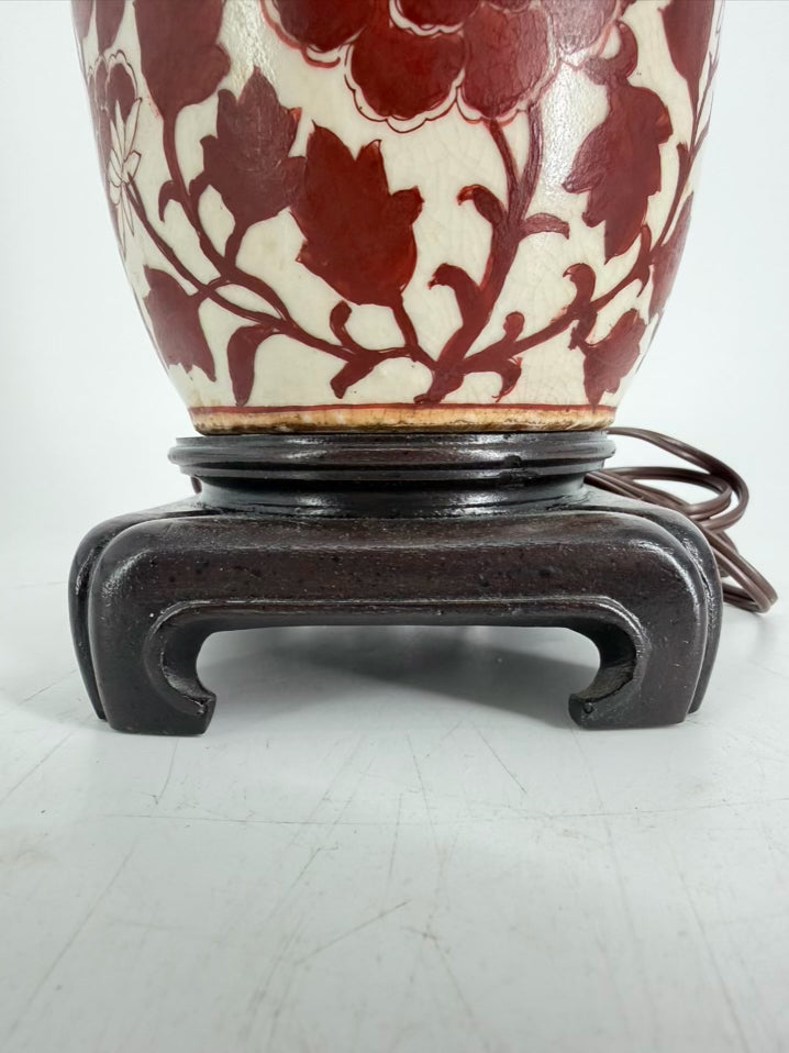 VINTAGE  Rust & Cream Ceramic Lamp w/ Flower Detail On Sides No Shade