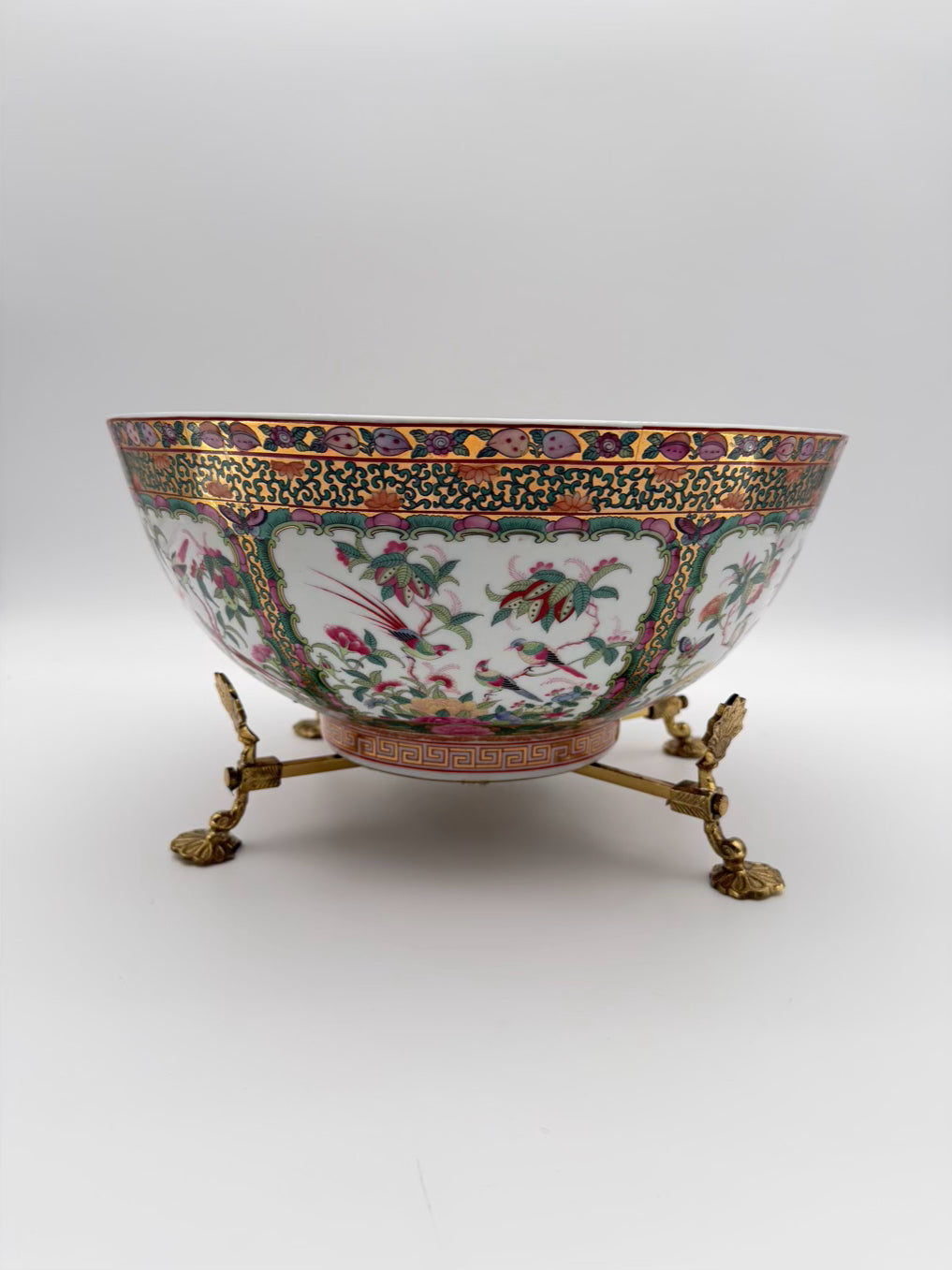 Rose Medallion Porcelain Large Bowl w/ Brass Bowl Holder