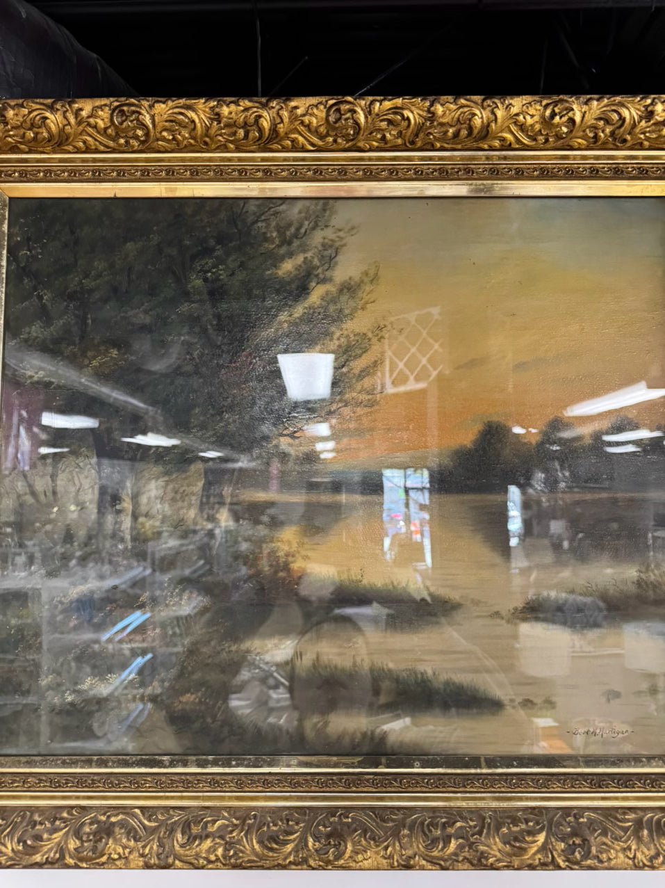 BERT M. HERTIGAN Lake Scene Painting in Gold Antique Frame