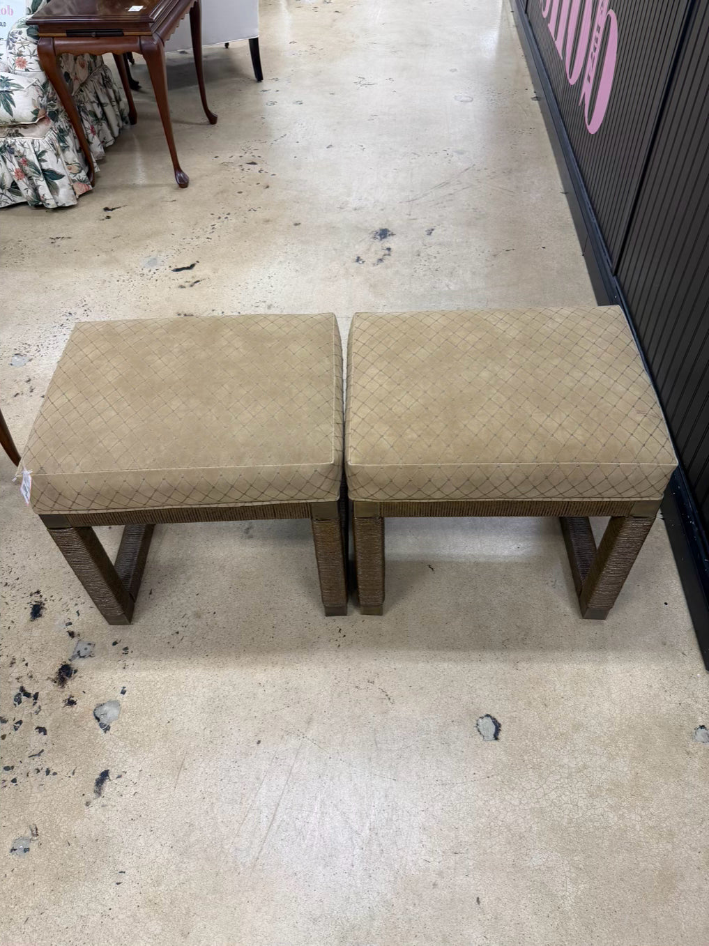 Brown Parsons Woven Pair Of Stools w/ Tan Suede Fabric