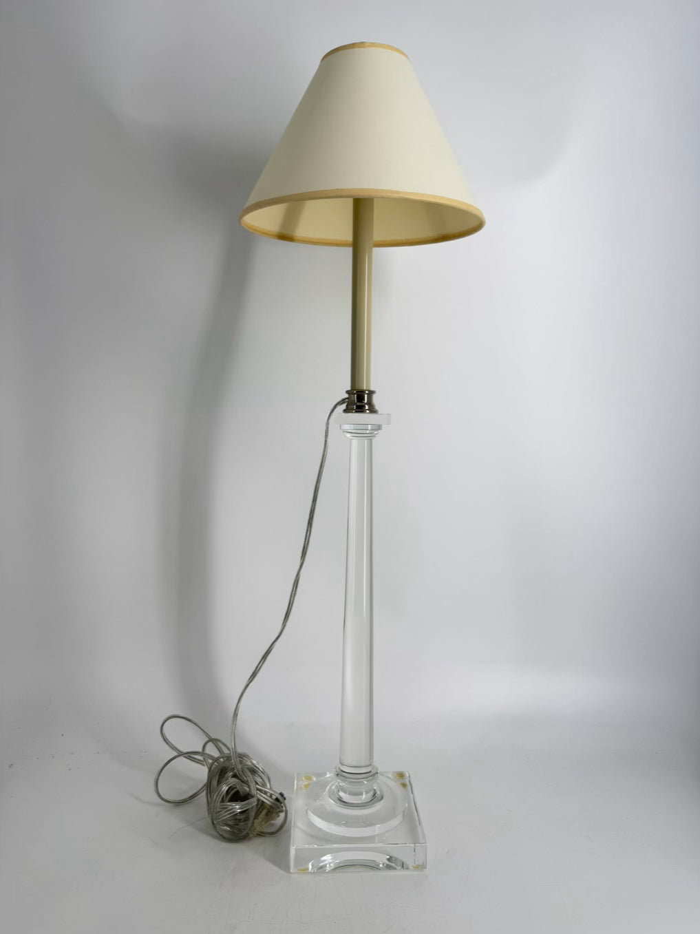 Clear Acrylic Pair Of Tall Candlestick Lamps w/ Shades