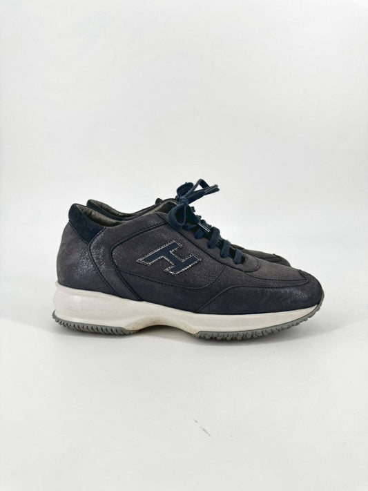 HOGAN Size 37.5 Steel Blue Shimmer Leather Sneakers
