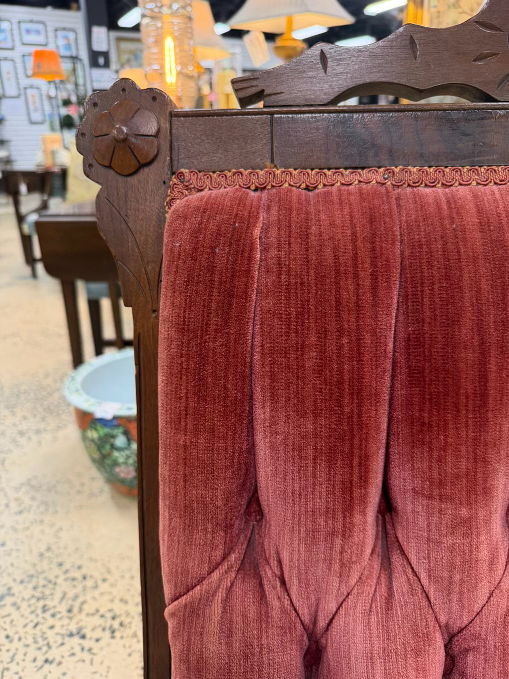 Victorian Wood Rose Velvet Rocking Chair