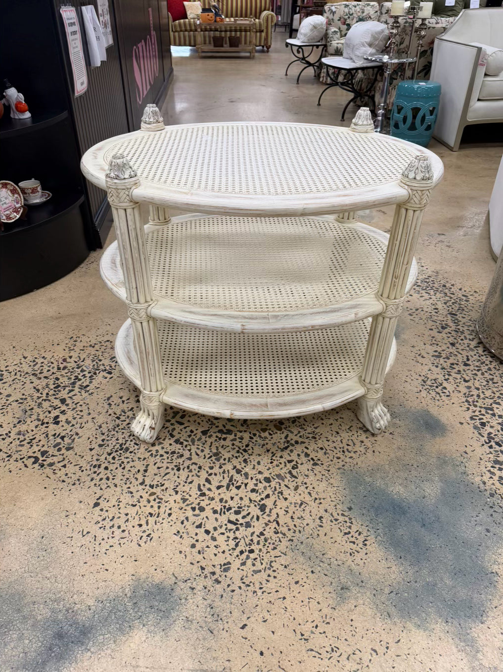 White Wood Occasional 3 Tier Table w/ Cane Shelves