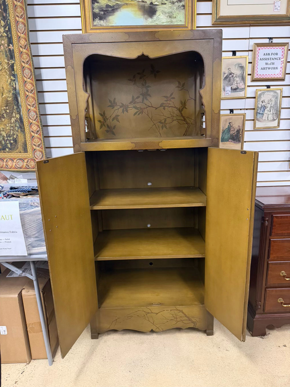 Gold & Red Wood Asian Inspired Tree Cabinet w/ Open Upper Shelf