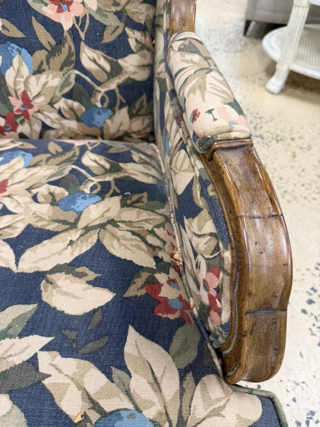 VINTAGE Blue, Red, & Cream French Floral Fabric Chair