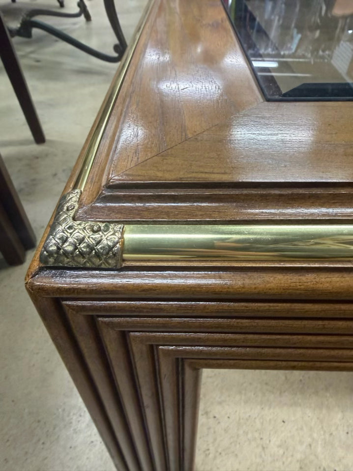 HOLLYWOOD REGENCY Medium Brown Wood & Glass Coffee Table w/ Brass Accents