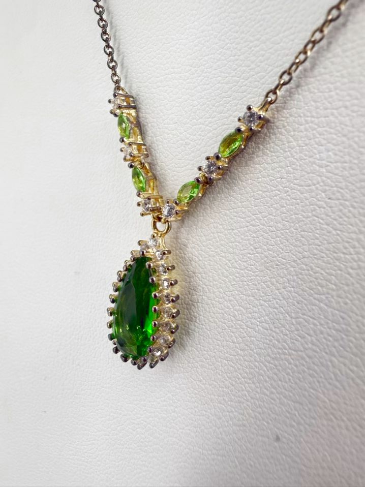 STAUER STERLING SILVER Green Helenite Tear Drop Necklace & Ring Set