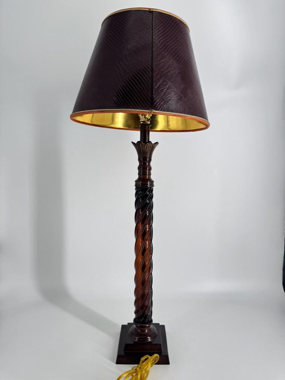 VINTAGE THE BRADBURY GALLERY Amber Glass Lamp w/ Leather Look Shade