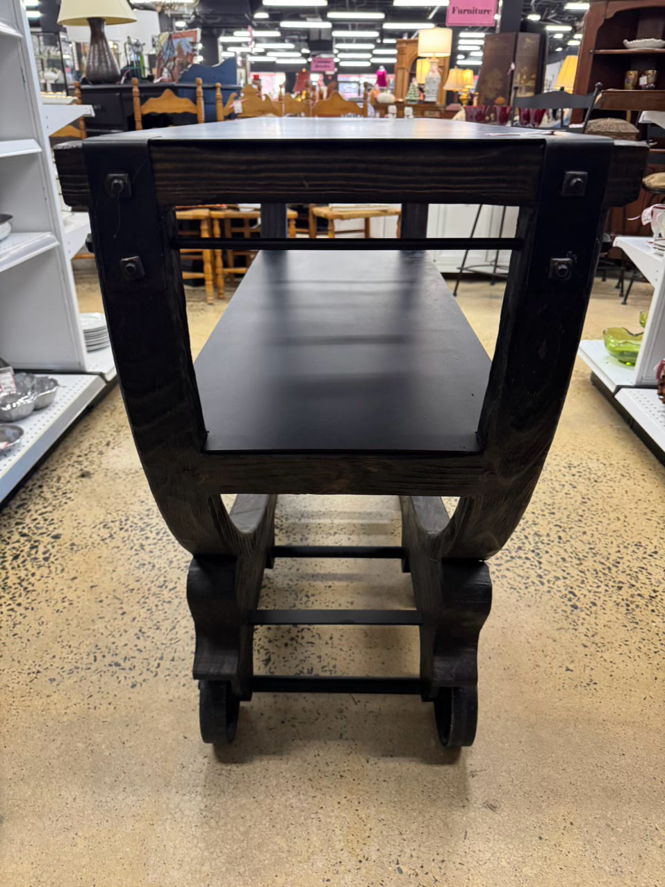 RESTORATION HARDWARE Black Wood & Iron Industrial Rolling Bar Cart