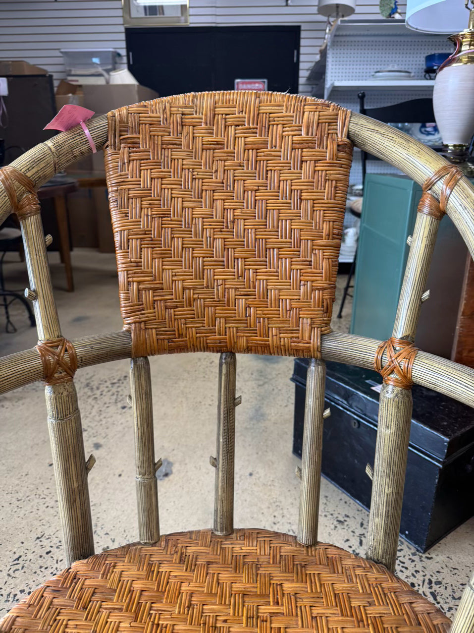 VINTAGE PALECEK Cream Bamboo Look Woven Adirondack Arm Chair