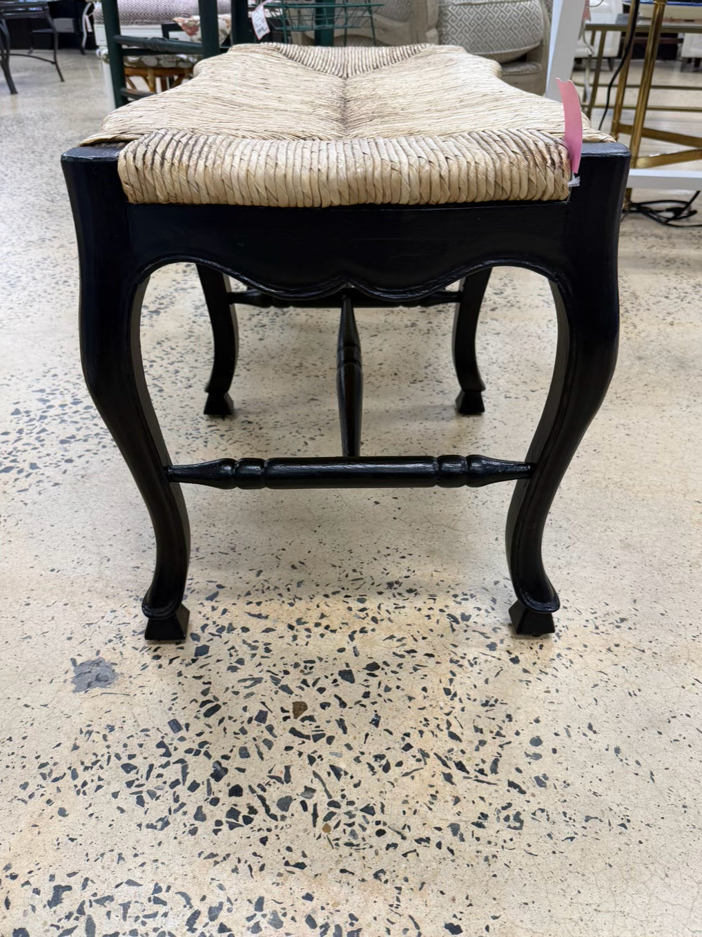 Black Wood French Bench w/ Natural Woven Rush Seat