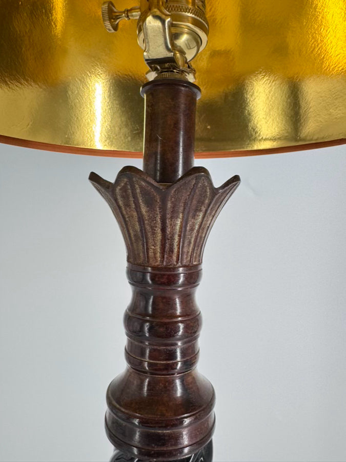 VINTAGE THE BRADBURY GALLERY Amber Glass Lamp w/ Leather Look Shade