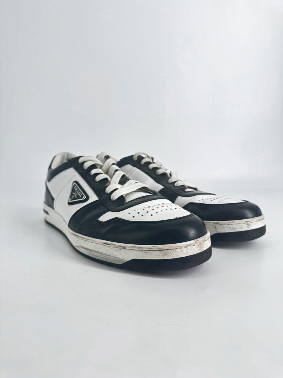 PRADA Size 11 Black & White Leather Downtown Sneakers